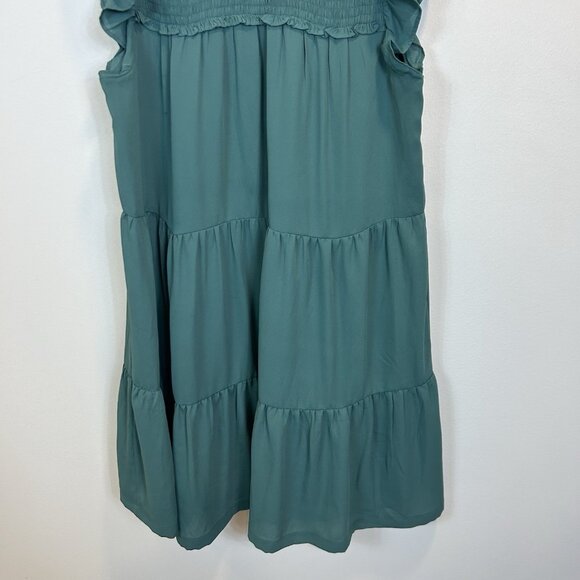 🛑 LOFT Size Medium Teal Sleeveless Ruffled Tiered Dress Pleated Smocked - Picture 4 of 10